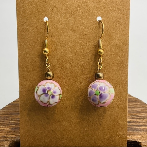 Earrings Porcelain Bead Flower Hand Painted Gold Tone 80s Jewelry Retro Gift VTG - Picture 1 of 6